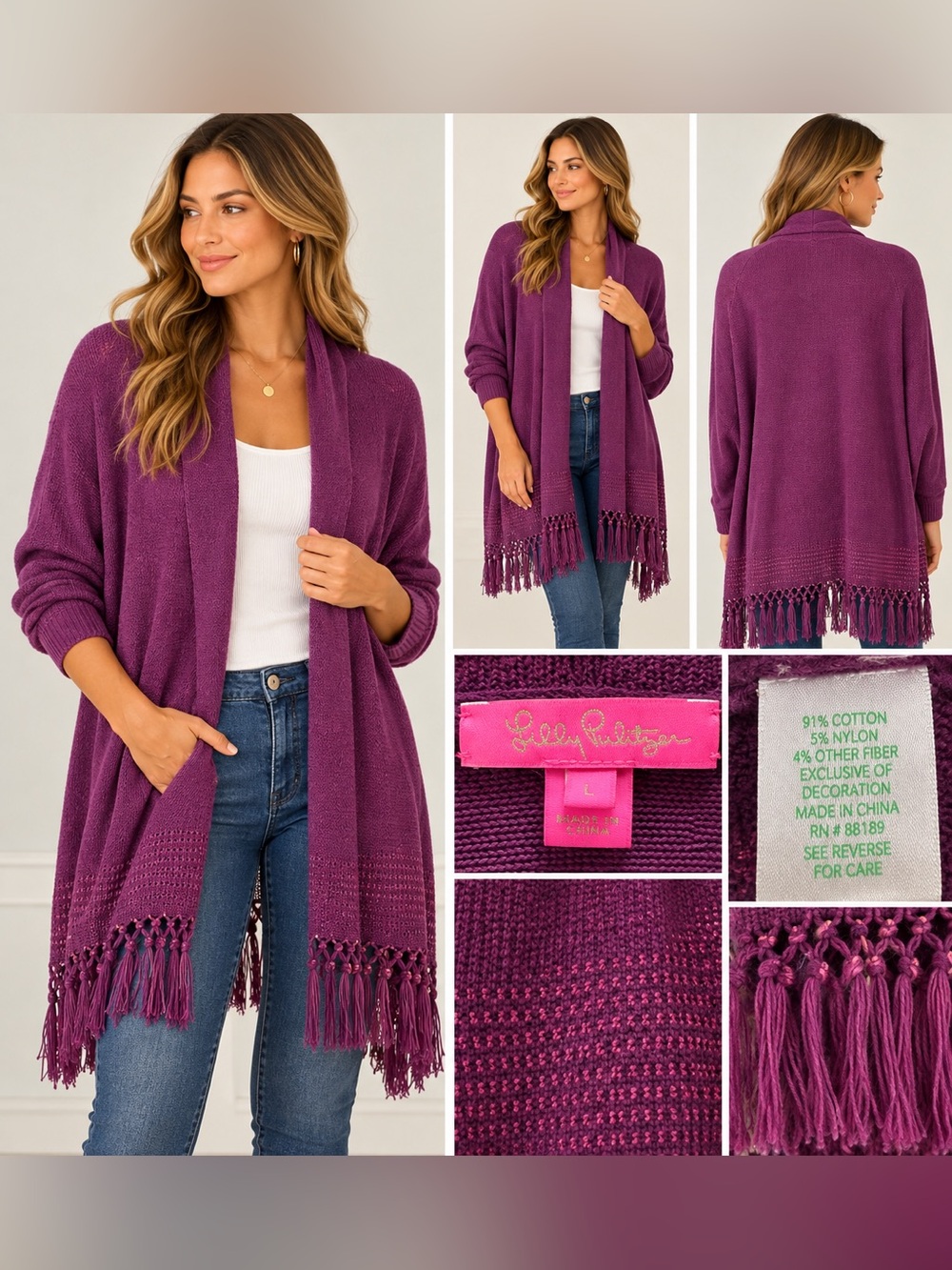 Lilly Pulitzer Tatum Cardigan Purple Fringe Open Front Cotton Sweater L